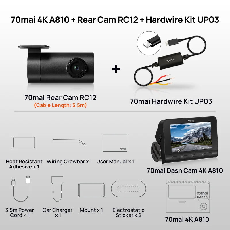 70mai 4K Dash Cam A810 with Built-in GPS, ADAS, Motion Detection, 150° FOV, 60FPS, Parking Monitor, Support Rear Camera