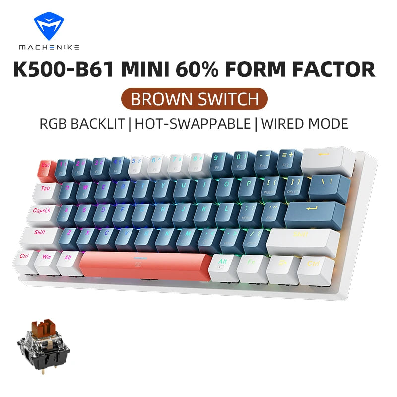 Machenike K500-B61 Mini Mechanical Keyboard – 60% 61 Keys, RGB Backlit, Wired, Hot-Swappable, HUANO Switches, Compact Gaming Keyboard