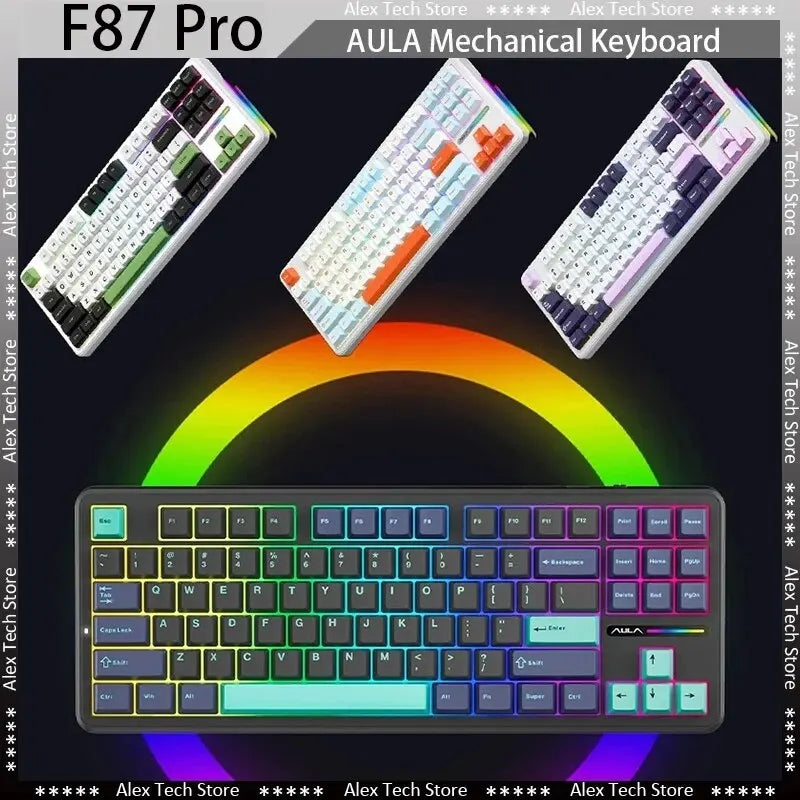 AULA F87 Pro Mechanical Keyboard – 87 Keys RGB, Tri-Mode Wireless (2.4GHz, USB, Bluetooth), PBT Keycaps, Hot-Swappable, Gasket Mount with Silent Keys