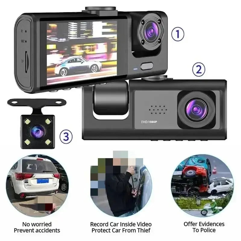 3 Channel 1080P Car DVR with Dual Cameras, Inside Vehicle Dash Cam, 3-Lens Recorder, Night Vision, Loop Recording, and Parking Monitoring