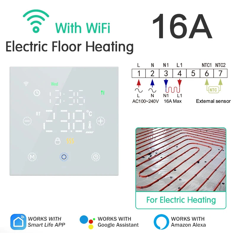 Tuya Smart WiFi Thermostat for Water & Electric Floor Heating, Gas Boilers – Remote Control, Alexa & Google Assistant Compatible, Programmable, Battery-Free