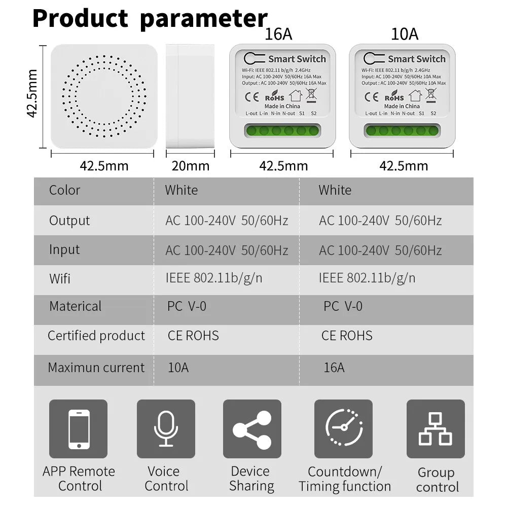 WiFi Mini Smart Switch 16A – DIY Light Switch, 2-Way Wireless Control, Smart Home Compatible with Tuya Smart Life, Alexa, Google Home & Yandex Alice