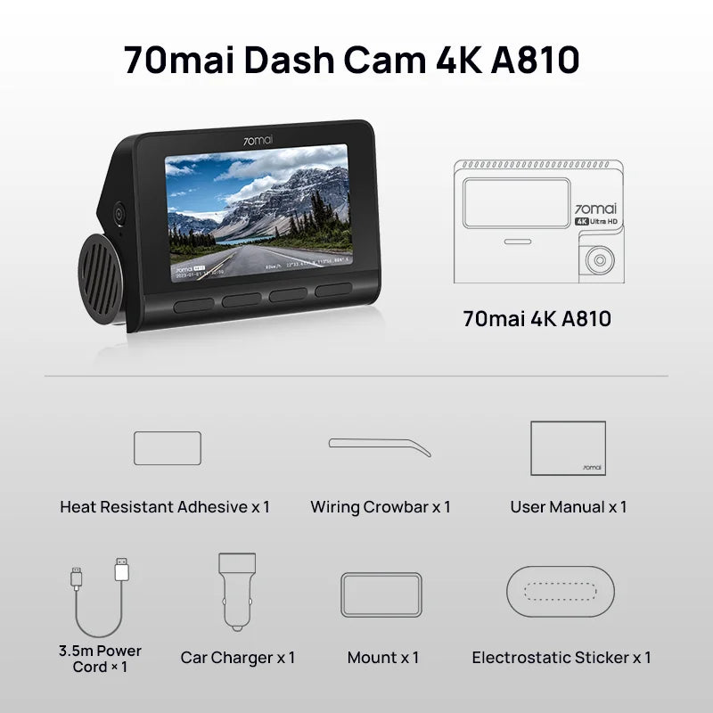 70mai 4K Dash Cam A810 with Built-in GPS, ADAS, Motion Detection, 150° FOV, 60FPS, Parking Monitor, Support Rear Camera