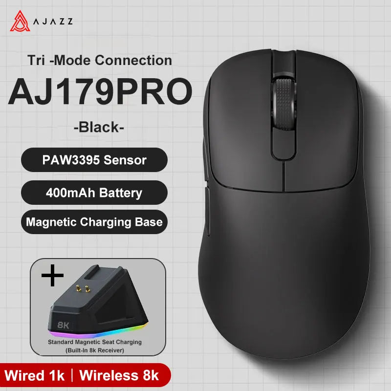 AJAZZ AJ179 PRO PAW3395 Gaming Mouse – 2.4GHz Wireless & Wired, Magnetic Charging Base, Ergonomic Design, 26K DPI, Macro Function for PC & Laptop