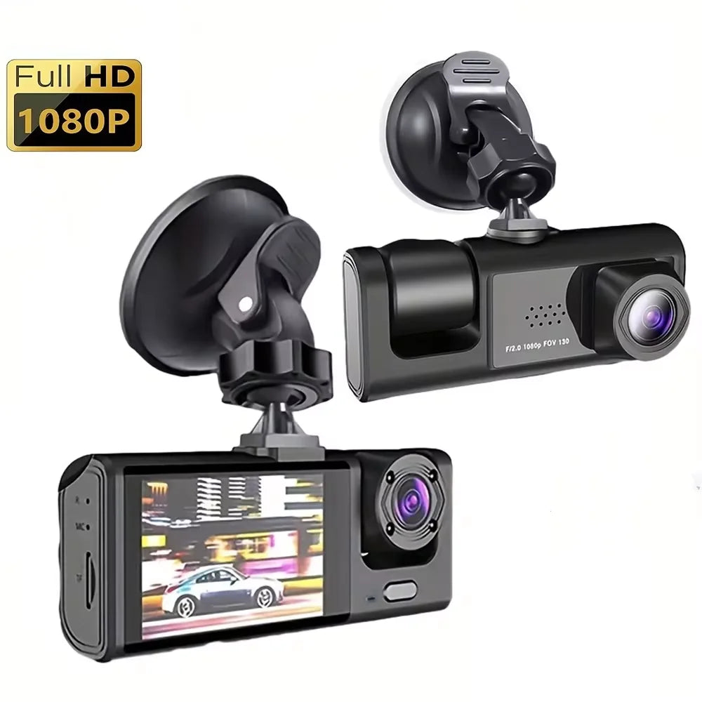 3 Channel 1080P Car DVR with Dual Cameras, Inside Vehicle Dash Cam, 3-Lens Recorder, Night Vision, Loop Recording, and Parking Monitoring