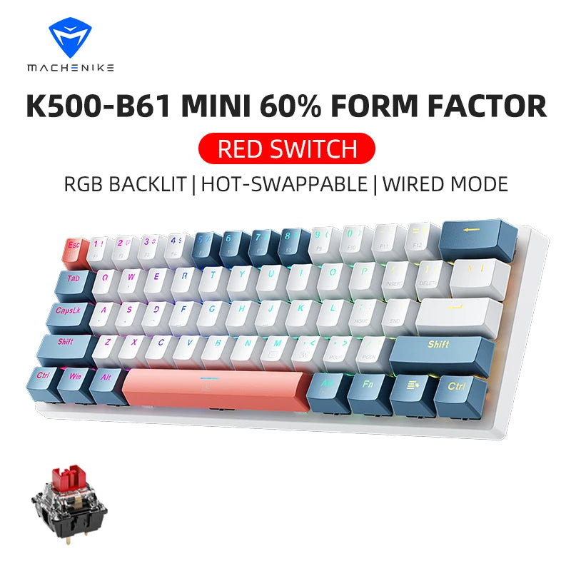 Machenike K500-B61 Mini Mechanical Keyboard – 60% 61 Keys, RGB Backlit, Wired, Hot-Swappable, HUANO Switches, Compact Gaming Keyboard