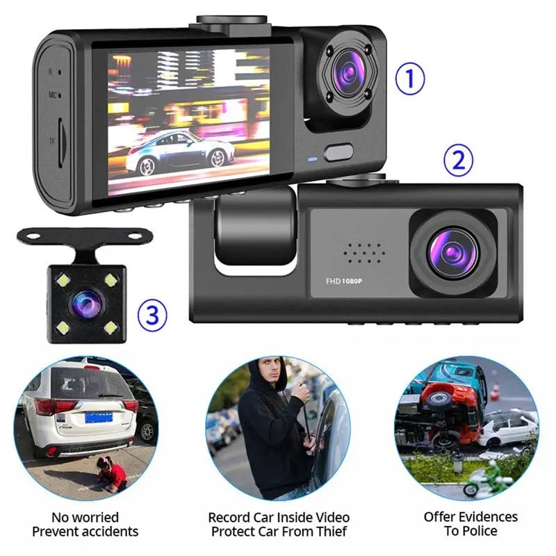 1080P Dash Cam with IR Night Vision, 2" IPS Screen, Loop Recording & 3 Camera Setup - Vehicle DVR, Video Recorder, Car Surveillance