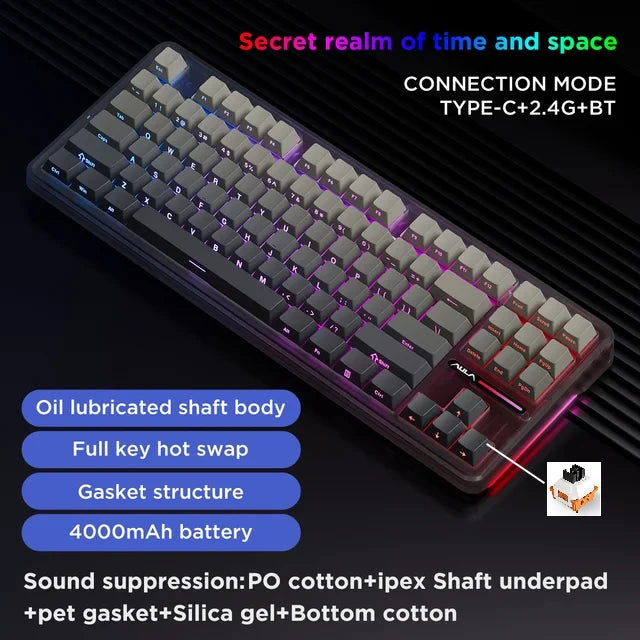 AULA F87 Pro Mechanical Keyboard – 87 Keys RGB, Tri-Mode Wireless (2.4GHz, USB, Bluetooth), PBT Keycaps, Hot-Swappable, Gasket Mount with Silent Keys