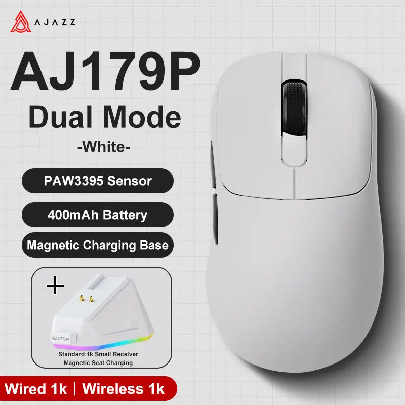 AJAZZ AJ179 PRO PAW3395 Gaming Mouse – 2.4GHz Wireless & Wired, Magnetic Charging Base, Ergonomic Design, 26K DPI, Macro Function for PC & Laptop