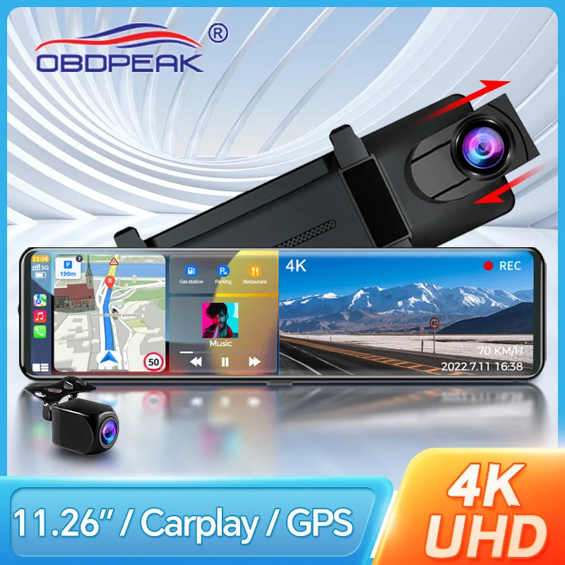 K4 11.26" 4K Dash Cam Rearview Mirror with Wireless CarPlay & Android Auto, GPS Navigation, Dual Lens, Wifi, 2160P Video Recorder